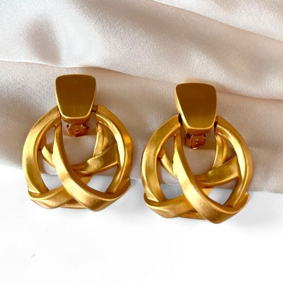 Vintage Anne Klein Matte Gold Door Knocker Earrings - Picture 2 of 4